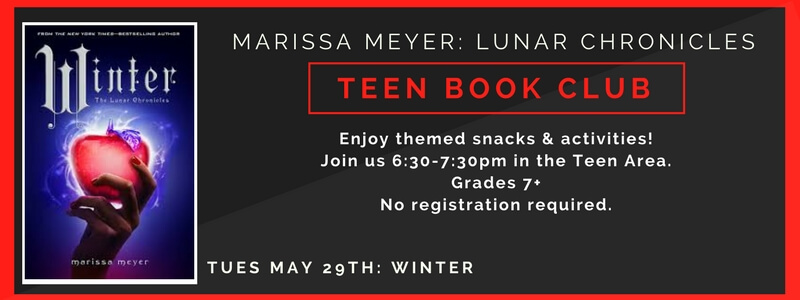 Teen book club on Tuesday, May 29 at 6:30 pm